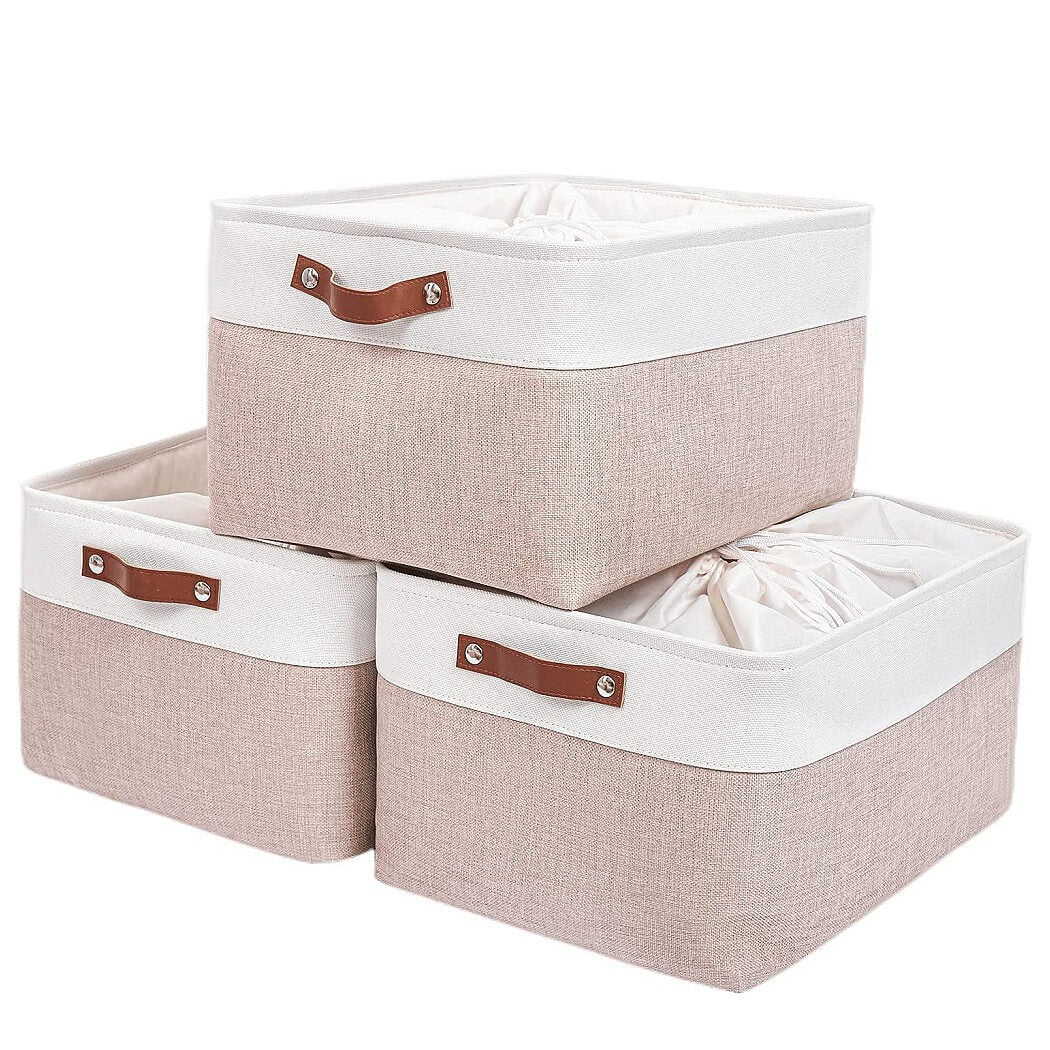 Set of 3 White Khaki Storage Boxes With Leather Handles For Cupboards - Image 26