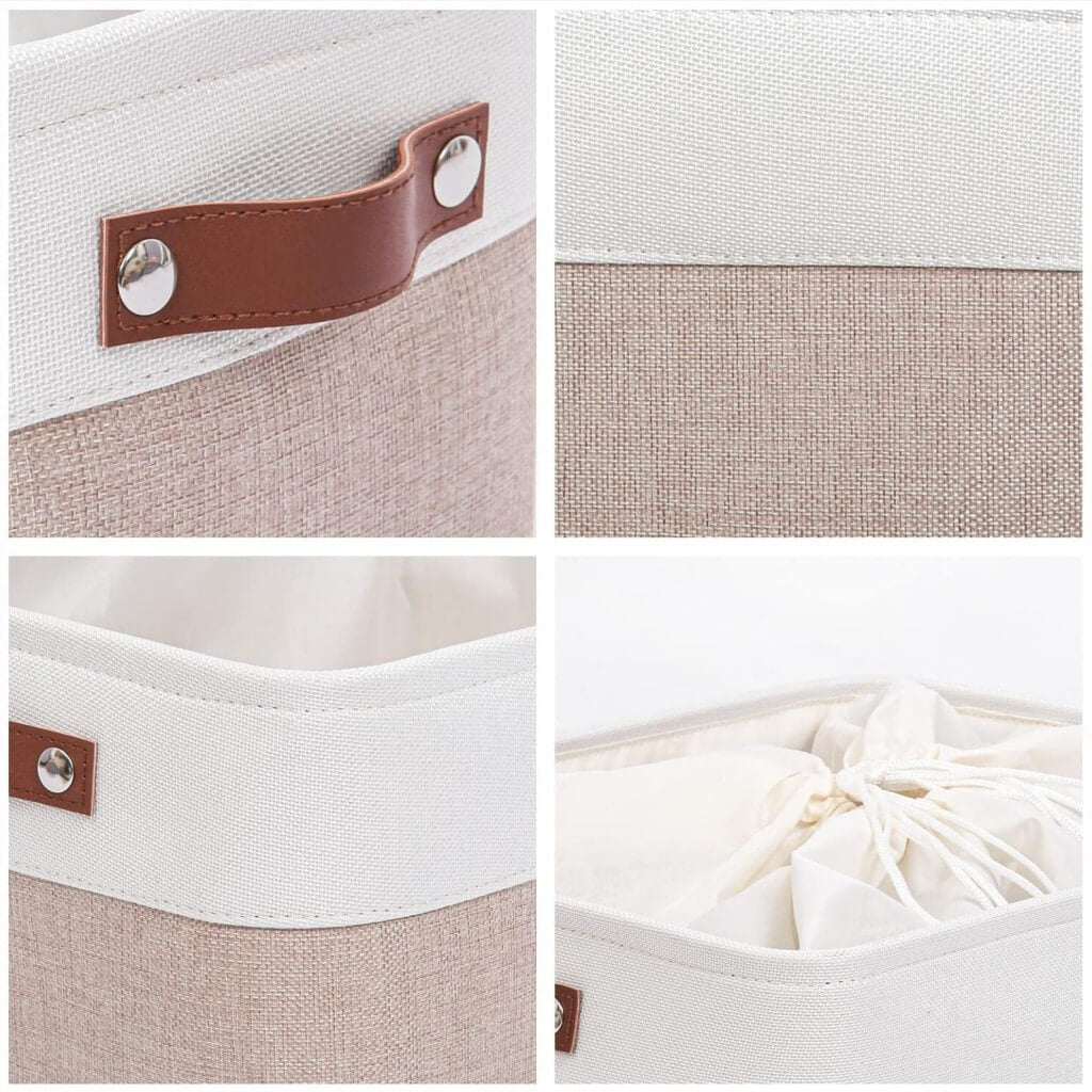 Set of 3 White Khaki Storage Boxes With Leather Handles For Cupboards - Image 29