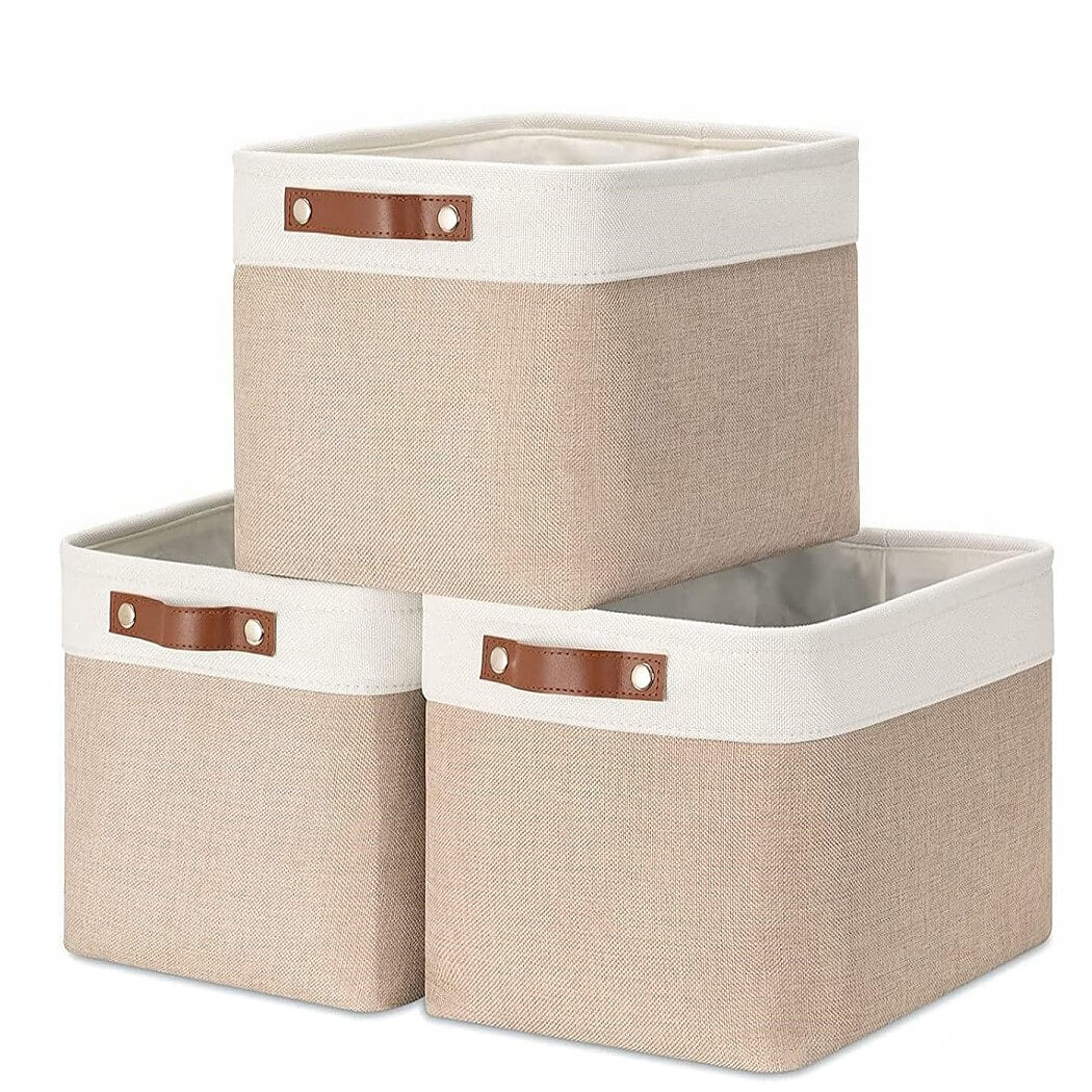 Set of 3 White Khaki Storage Boxes With Leather Handles For Cupboards - Image 7