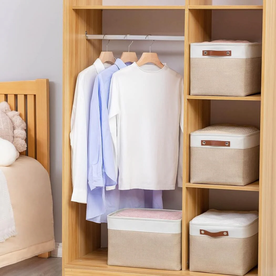 Set of 3 White Khaki Storage Boxes With Leather Handles For Cupboards - Image 8