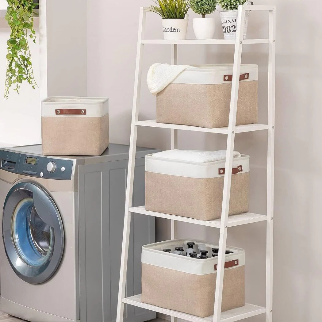 Set of 3 White Khaki Storage Boxes With Leather Handles For Cupboards - Image 9