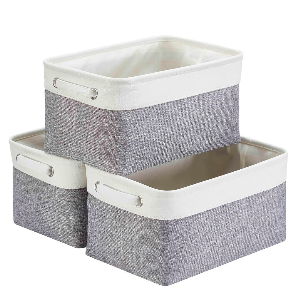 Foldable Grey White Fabric Storage Basket with Handles & drawstring for Cupboards, Shelves, Clothes, Toys - Image 10