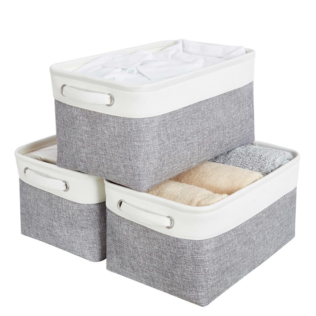 Foldable Grey White Fabric Storage Basket with Handles & drawstring for Cupboards, Shelves, Clothes, Toys - Image 12
