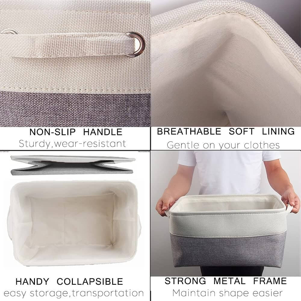 Foldable Grey White Fabric Storage Basket with Handles & drawstring for Cupboards, Shelves, Clothes, Toys - Image 17