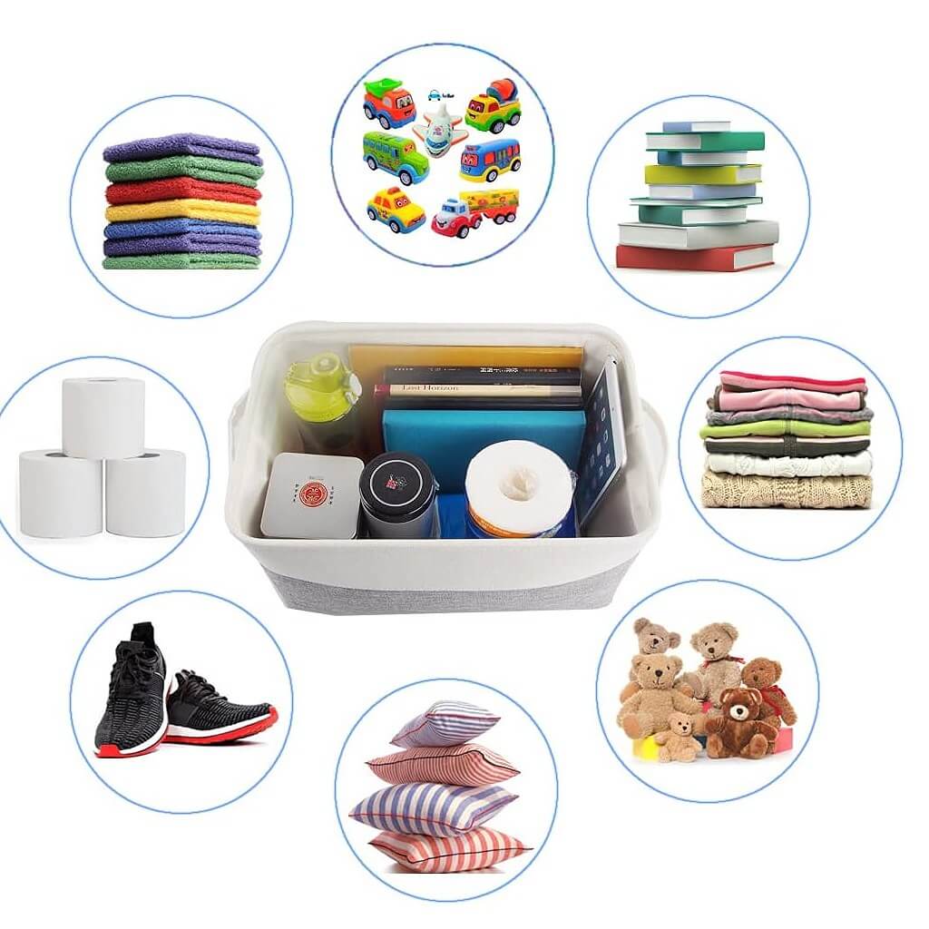 Foldable Grey White Fabric Storage Basket with Handles & drawstring for Cupboards, Shelves, Clothes, Toys - Image 18