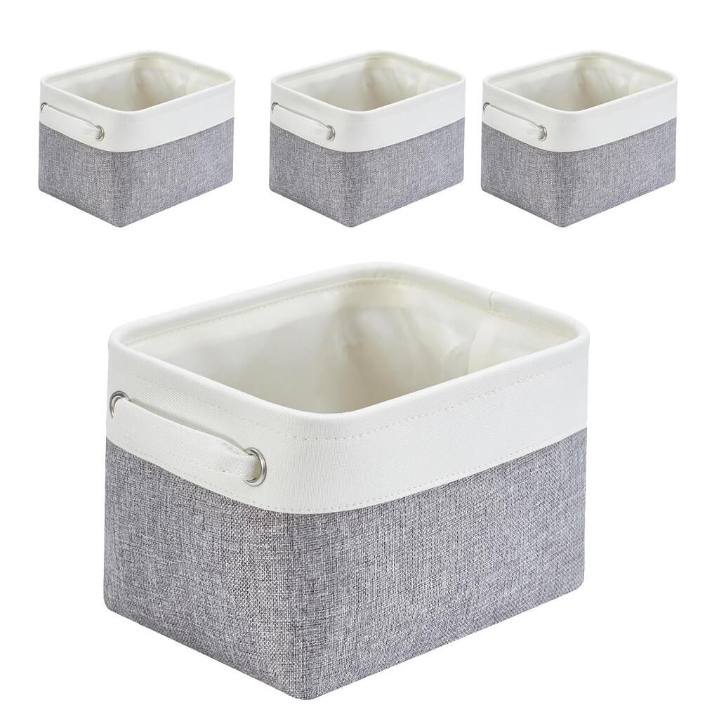 Foldable Grey White Fabric Storage Basket with Handles & drawstring for Cupboards, Shelves, Clothes, Toys - Image 28
