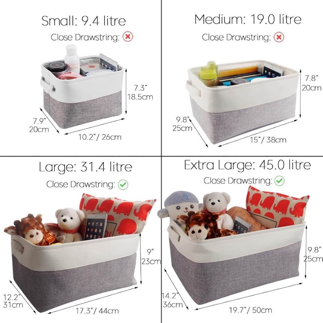 Foldable Grey White Fabric Storage Basket with Handles & drawstring for Cupboards, Shelves, Clothes, Toys - Image 30