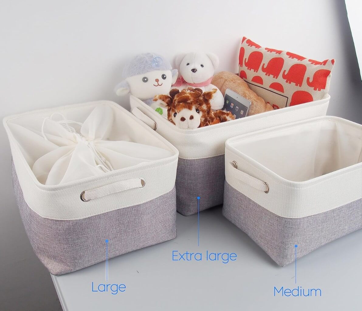 Foldable Grey White Fabric Storage Basket with Handles & drawstring for Cupboards, Shelves, Clothes, Toys - Image 34