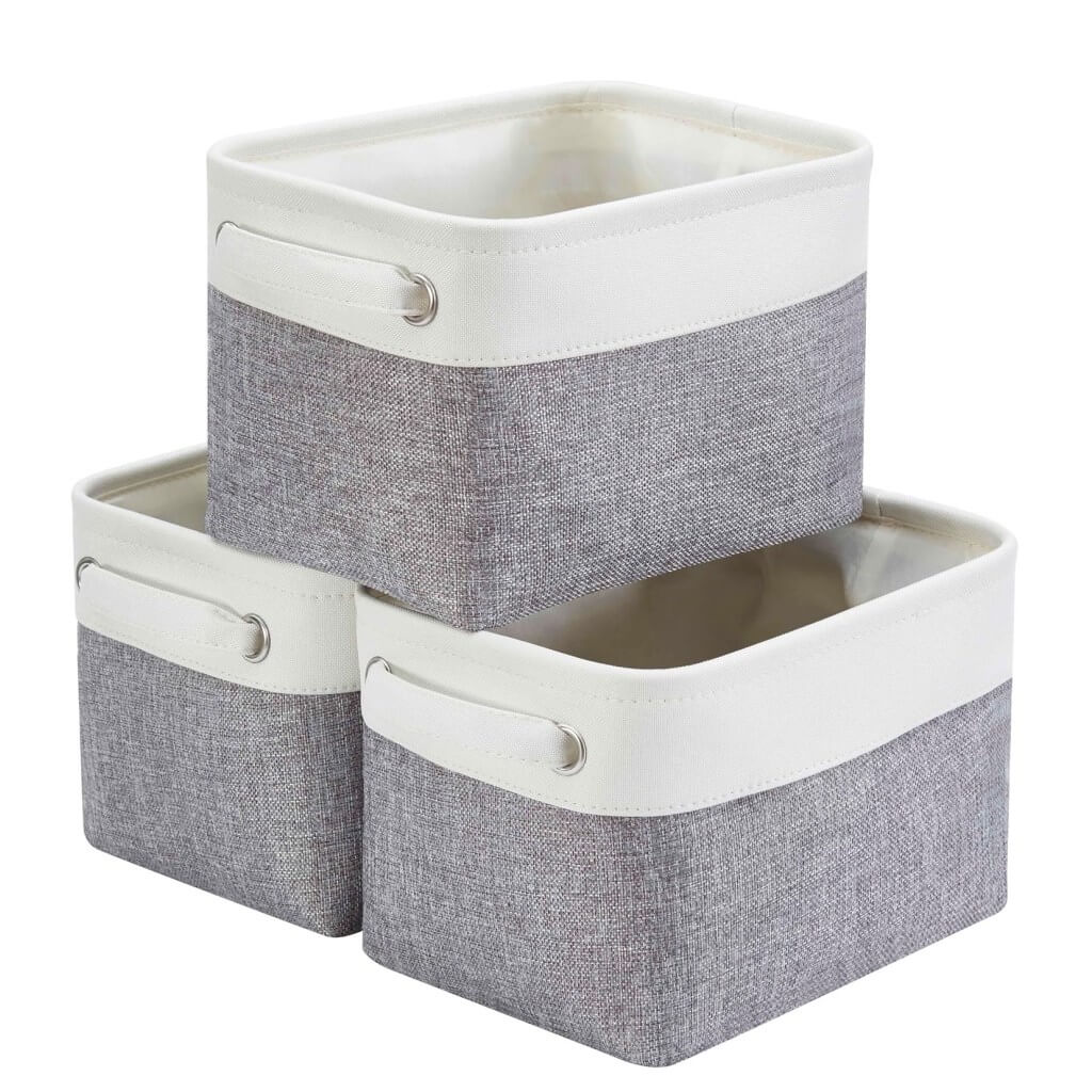 Foldable Grey White Fabric Storage Basket with Handles & drawstring for Cupboards, Shelves, Clothes, Toys - Image 37