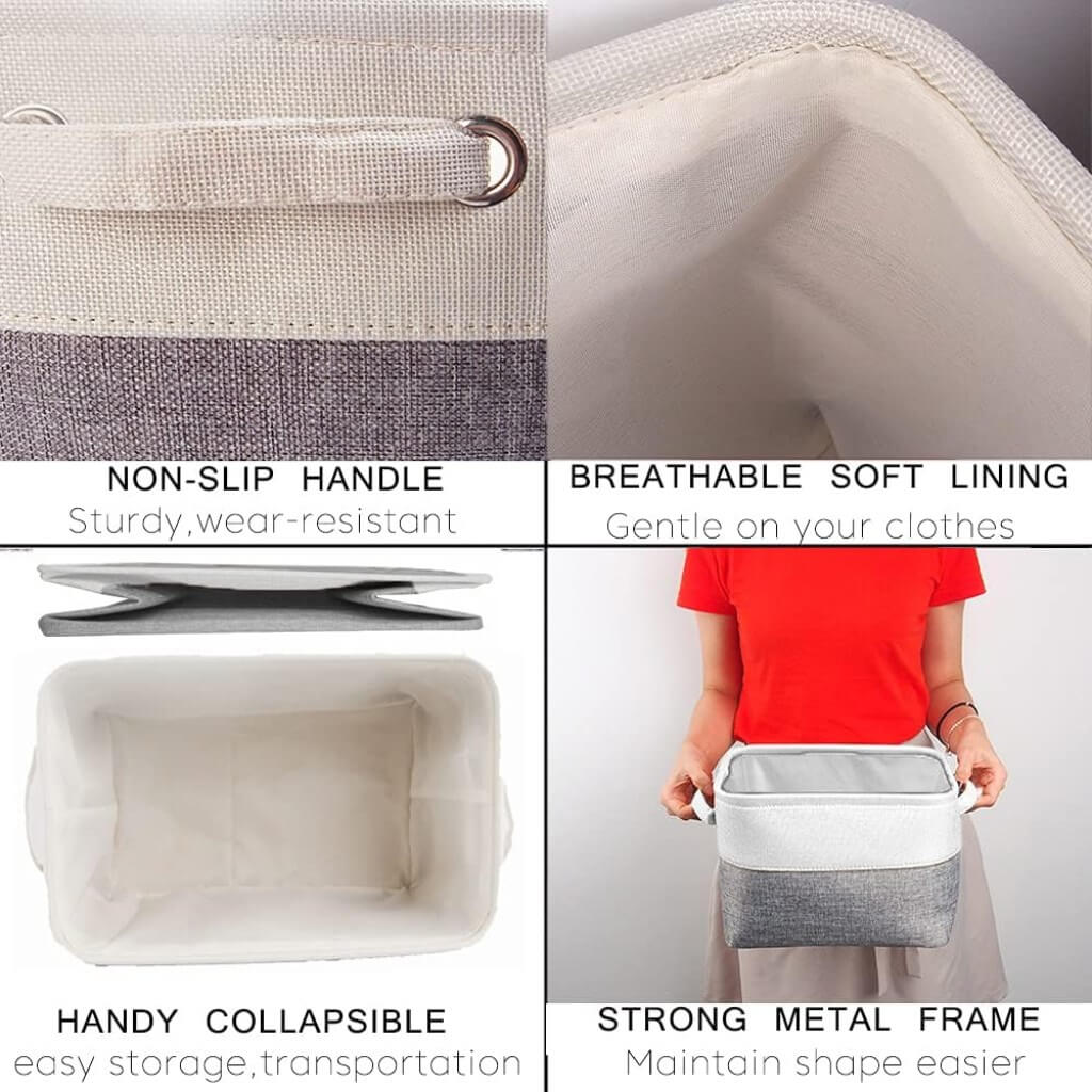 Foldable Grey White Fabric Storage Basket with Handles & drawstring for Cupboards, Shelves, Clothes, Toys - Image 44