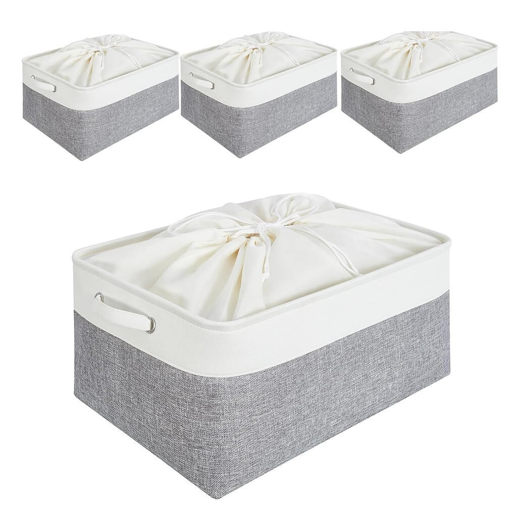 Foldable Grey White Fabric Storage Basket with Handles & drawstring for Cupboards, Shelves, Clothes, Toys - Image 55