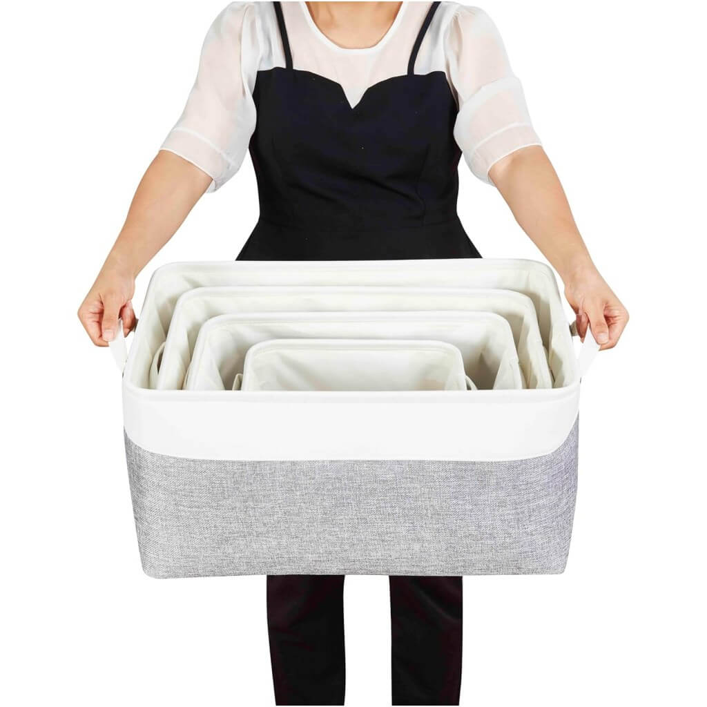 Foldable Grey White Fabric Storage Basket with Handles & drawstring for Cupboards, Shelves, Clothes, Toys - Image 61