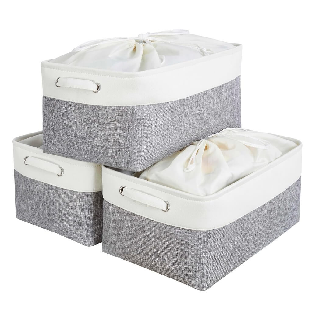 Foldable Grey White Fabric Storage Basket with Handles & drawstring for Cupboards, Shelves, Clothes, Toys - Image 62