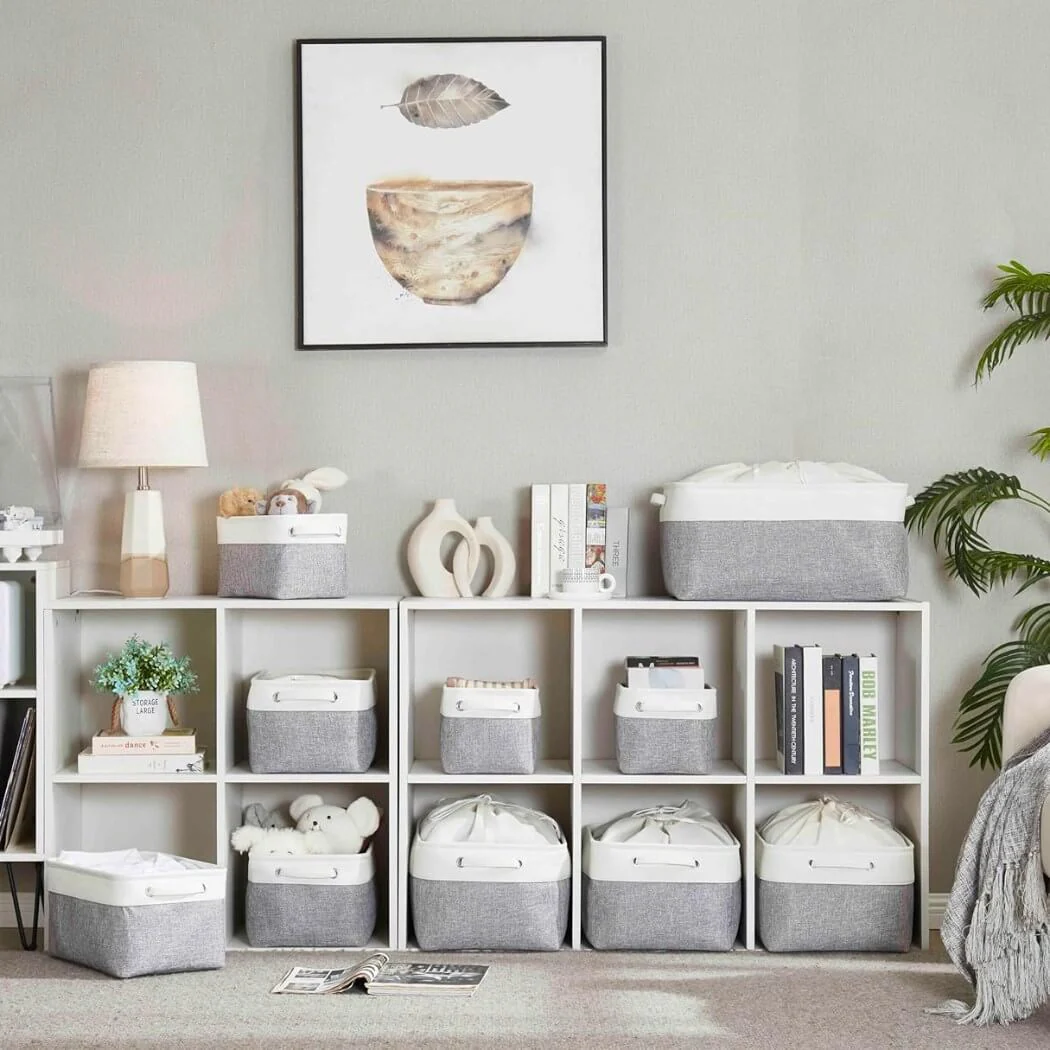 Foldable Grey White Fabric Storage Basket with Handles & drawstring for Cupboards, Shelves, Clothes, Toys - Image 63