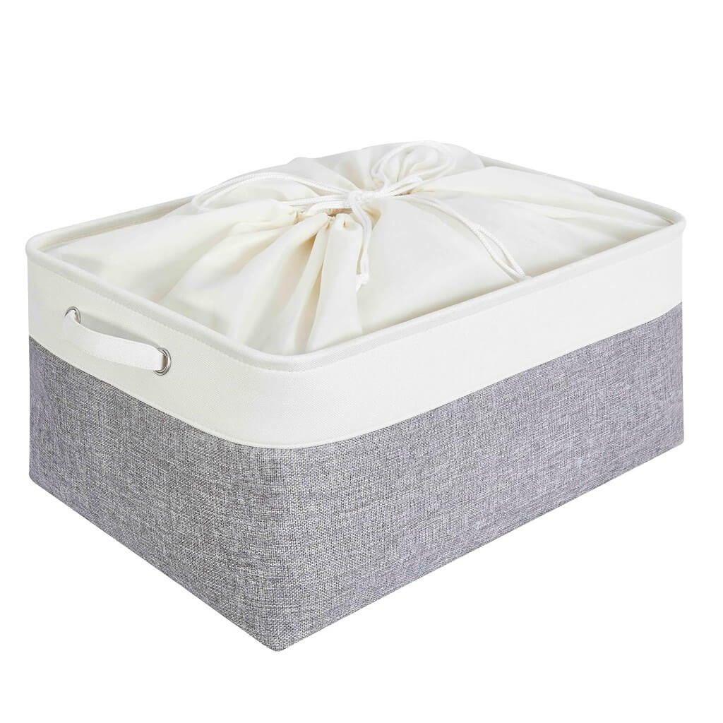Foldable Grey White Fabric Storage Basket with Handles & drawstring for Cupboards, Shelves, Clothes, Toys - Image 69