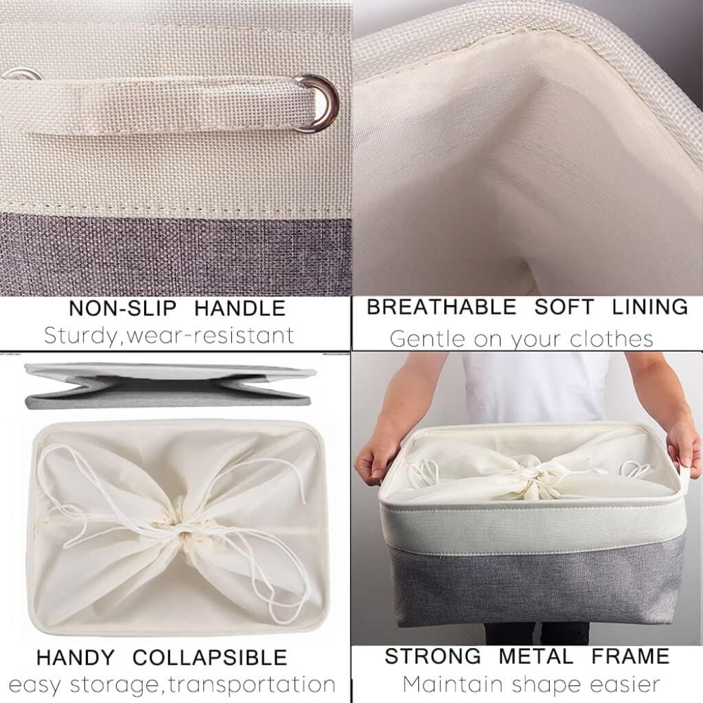 Foldable Grey White Fabric Storage Basket with Handles & drawstring for Cupboards, Shelves, Clothes, Toys - Image 75