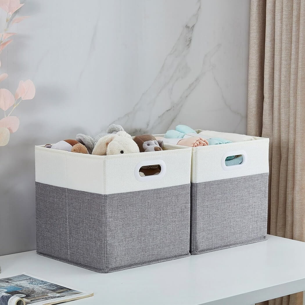 Grey White Foldable Storage Cube Boxes Premium Fabric Organizers for Home, Wardrobes - Image 3