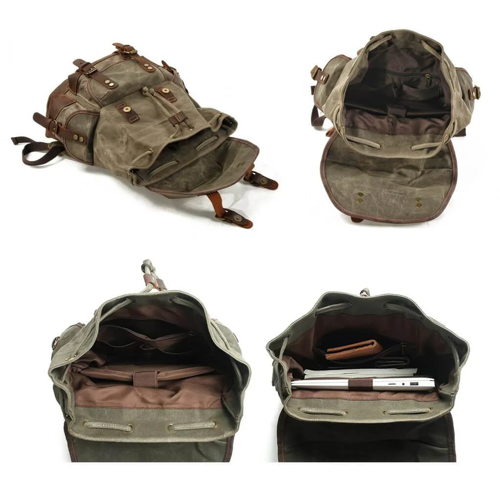 Genuine Leather Waxed-Canvas Laptop Backpack Rucksack - Image 9