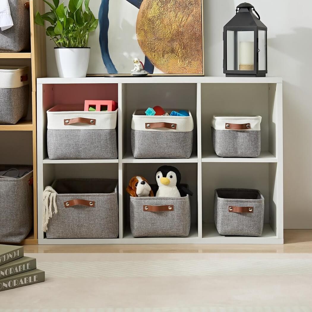 Grey Storage Basket with Leather Handle - Image 28