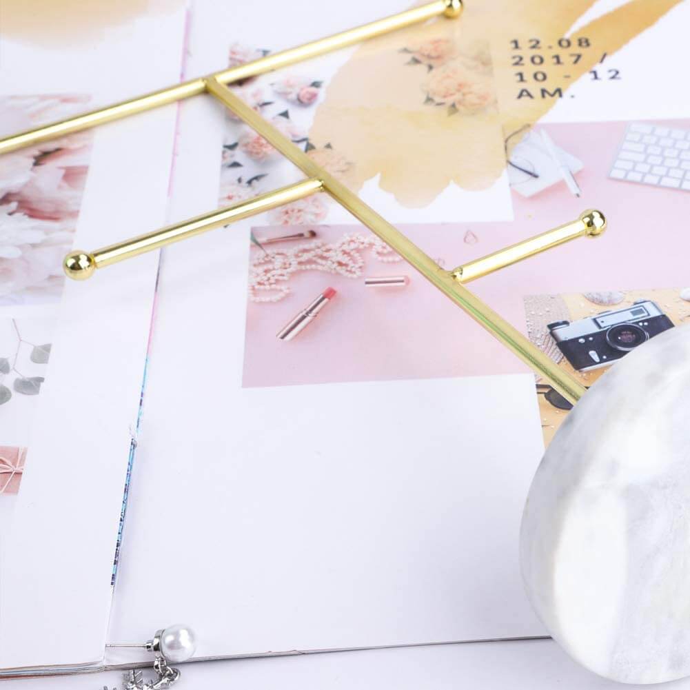 Jewelry Stand Holder Metal T-Bar Necklace Earrings Organizer Rack with Marble Pattern Round Tray - Image 10