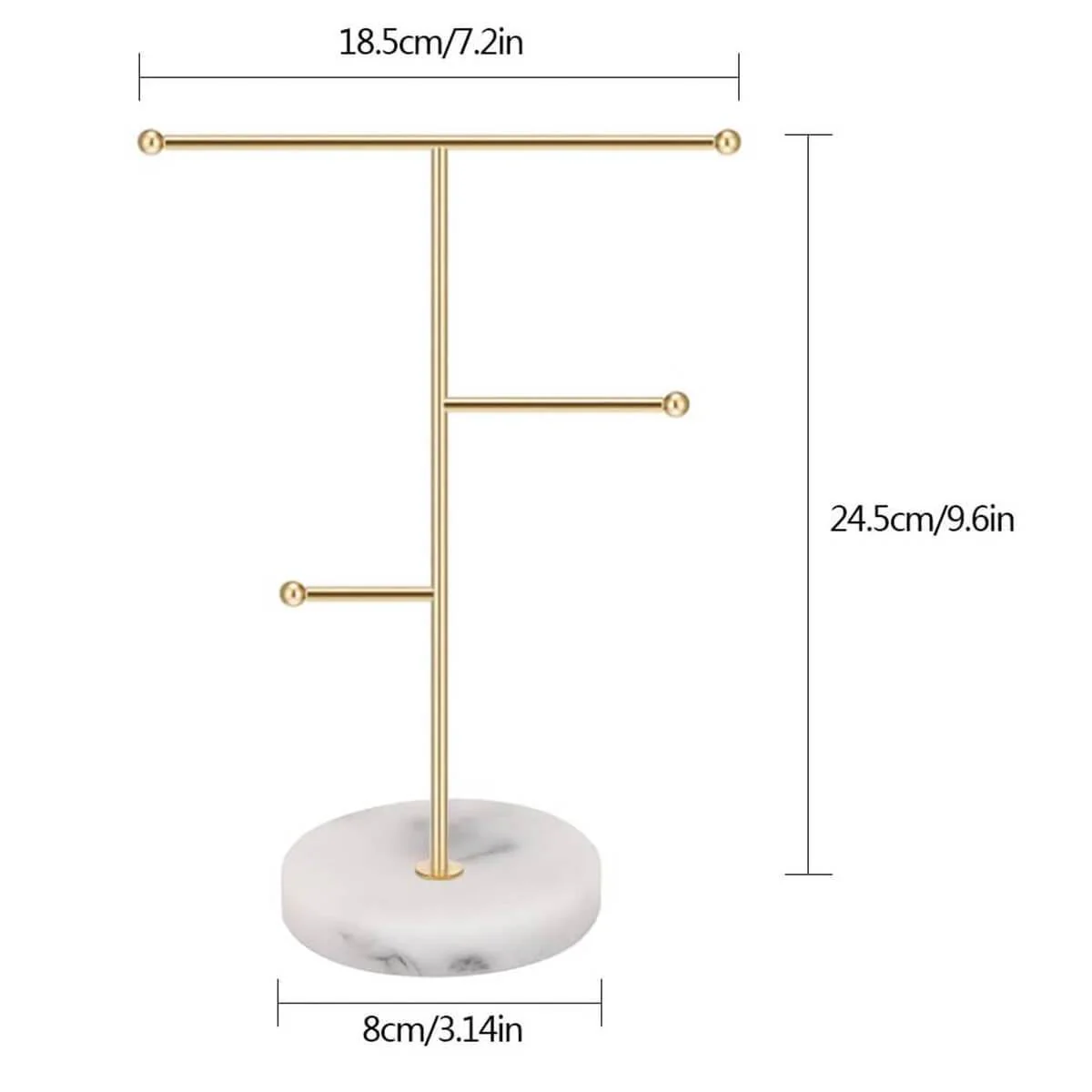 Jewelry Stand Holder Metal T-Bar Necklace Earrings Organizer Rack with Marble Pattern Round Tray - Image 3