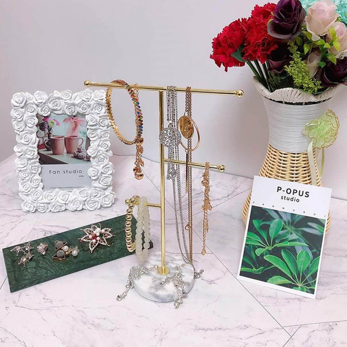 Jewelry Stand Holder Metal T-Bar Necklace Earrings Organizer Rack with Marble Pattern Round Tray - Image 4