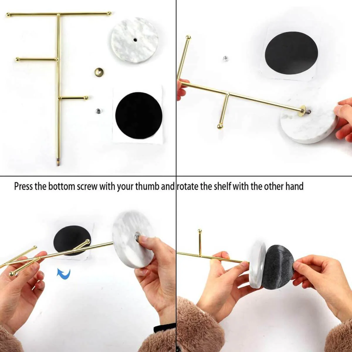 Jewelry Stand Holder Metal T-Bar Necklace Earrings Organizer Rack with Marble Pattern Round Tray - Image 5