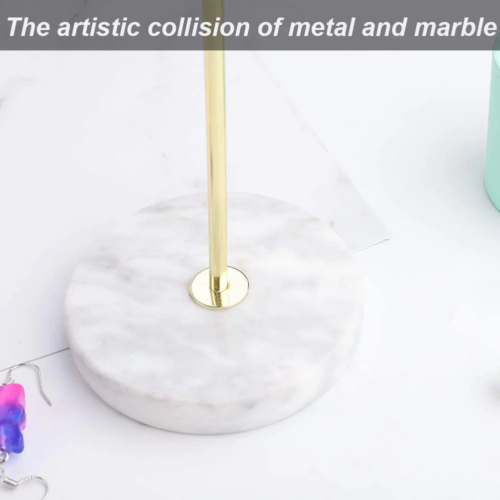 Jewelry Stand Holder Metal T-Bar Necklace Earrings Organizer Rack with Marble Pattern Round Tray - Image 7