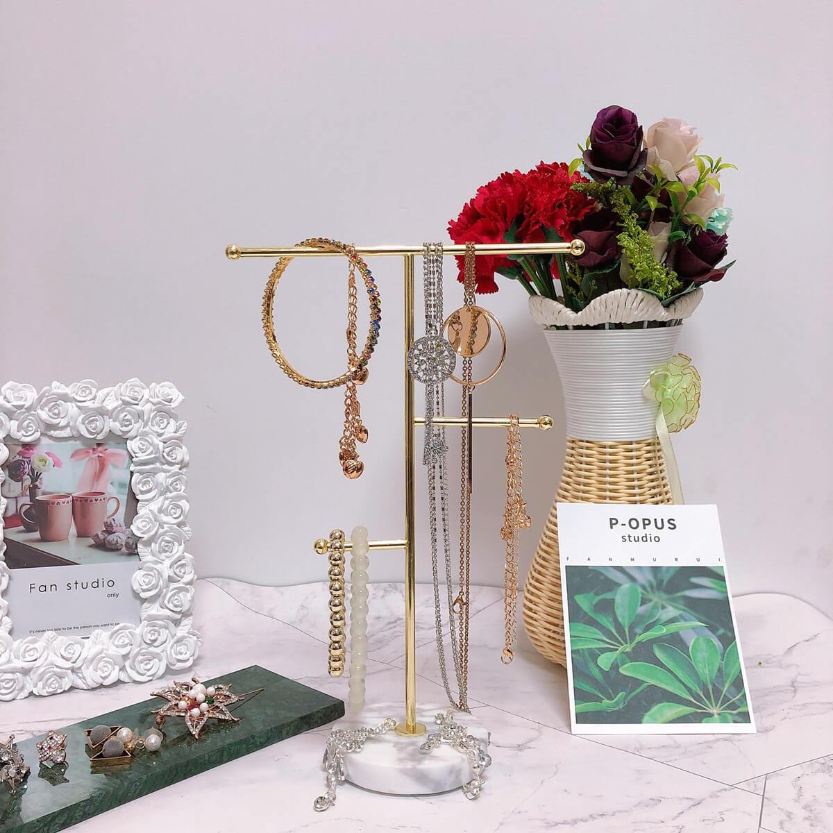 Jewelry Stand Holder Metal T-Bar Necklace Earrings Organizer Rack with Marble Pattern Round Tray - Image 8
