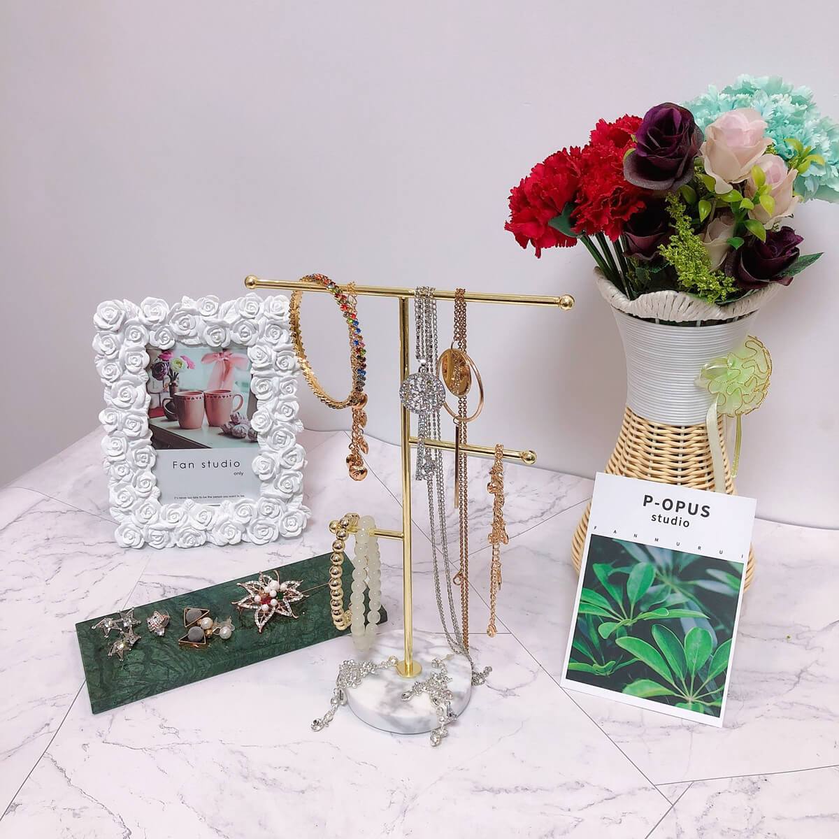 Jewelry Stand Holder Metal T-Bar Necklace Earrings Organizer Rack with Marble Pattern Round Tray - Image 9