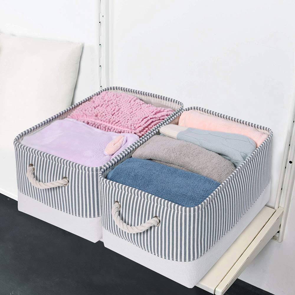 Large Grey Stripe Fabric Collapsible Baskets with Rope Handles, 3 Pack - Image 3