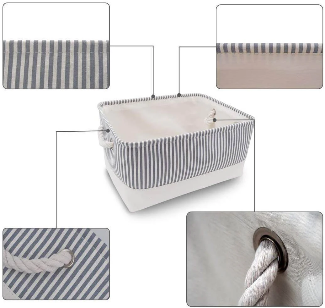 Large Grey Stripe Fabric Collapsible Baskets with Rope Handles, 3 Pack - Image 4