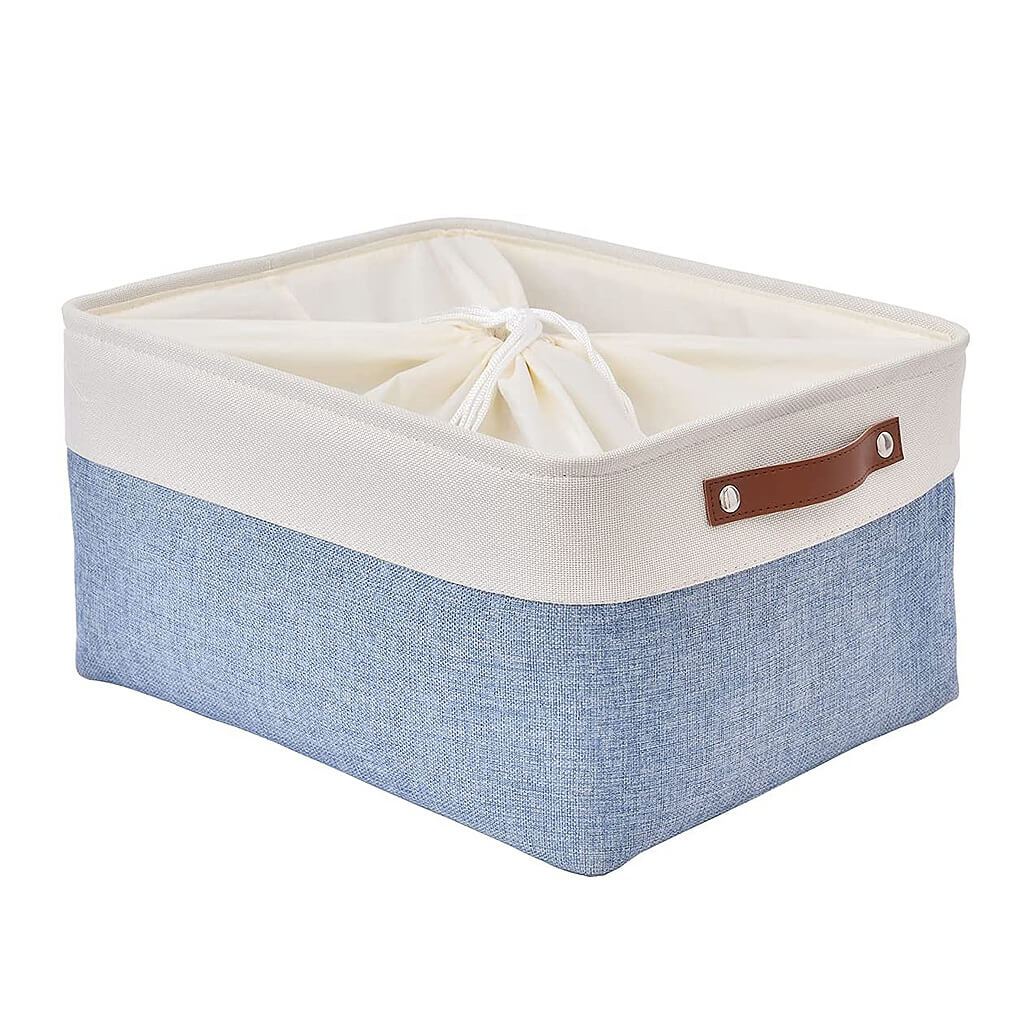 Blue White Canvas Storage Basket with Leather Handle - Image 10