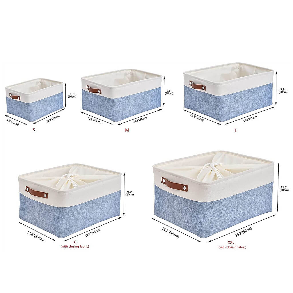 Blue White Canvas Storage Basket with Leather Handle - Image 3