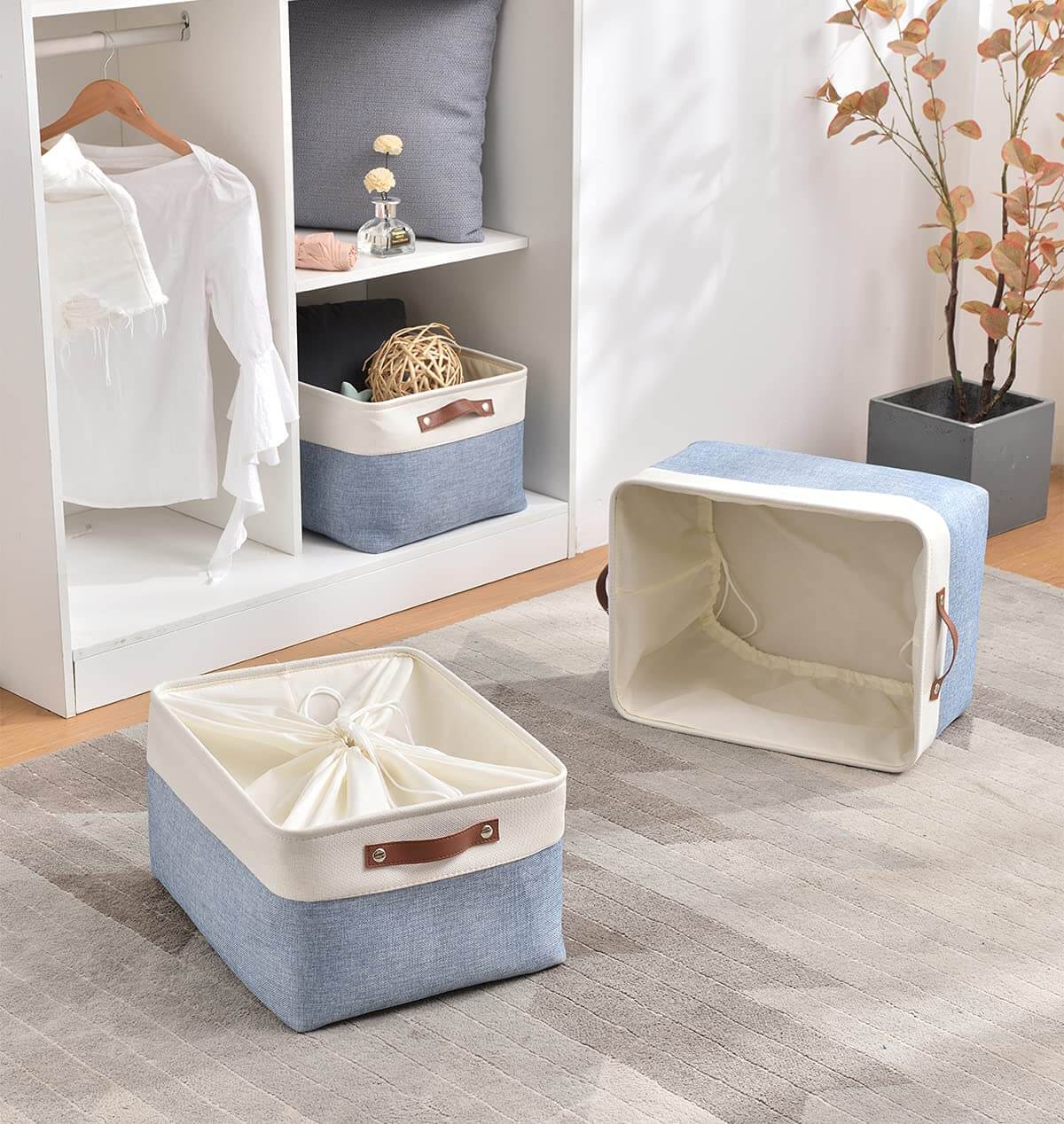 Blue White Canvas Storage Basket with Leather Handle - Image 4