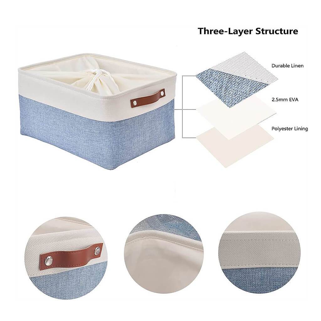 Blue White Canvas Storage Basket with Leather Handle - Image 5