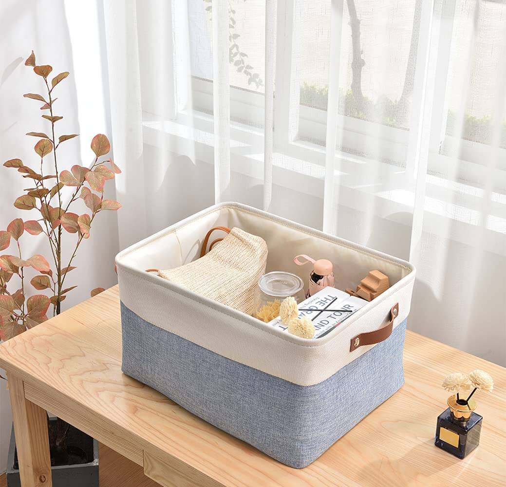 Blue White Canvas Storage Basket with Leather Handle - Image 6
