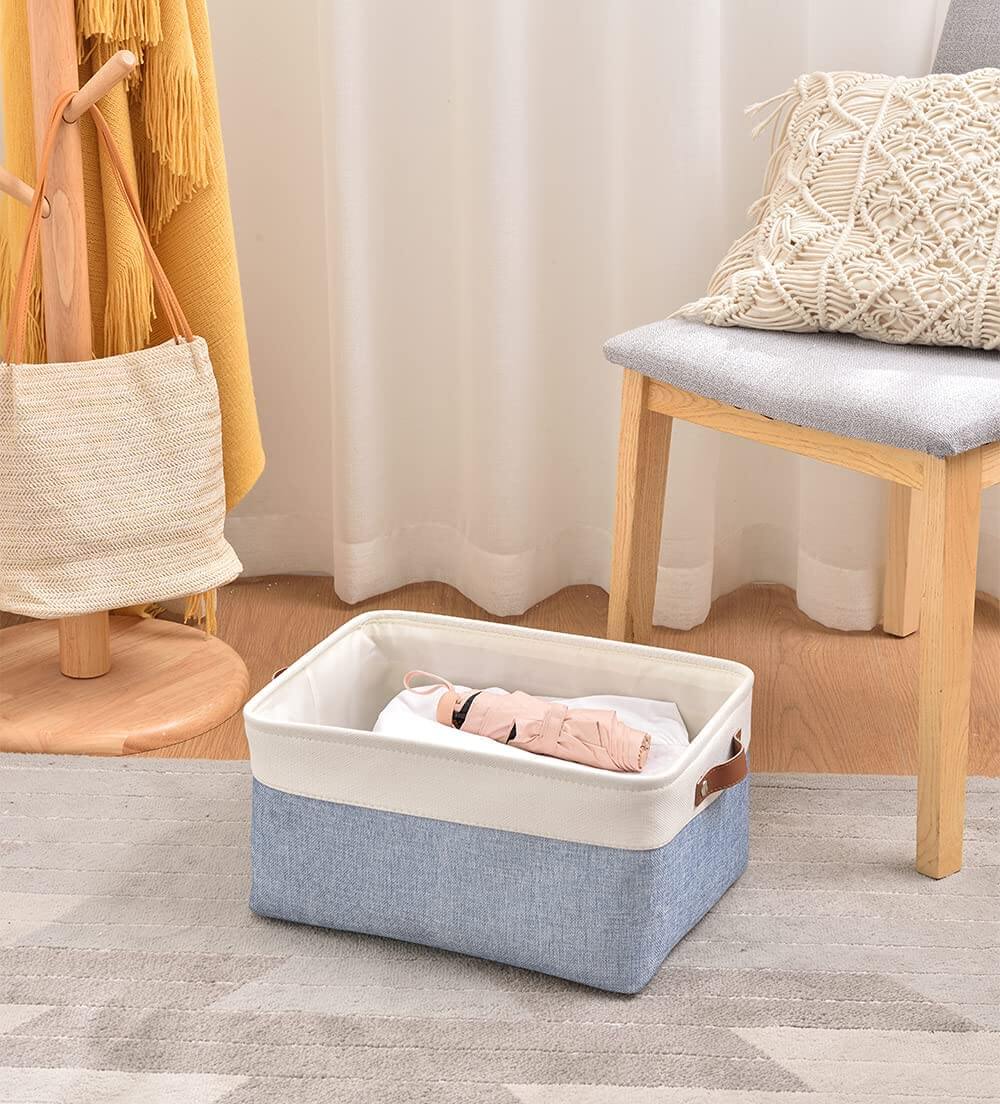 Blue White Canvas Storage Basket with Leather Handle - Image 7