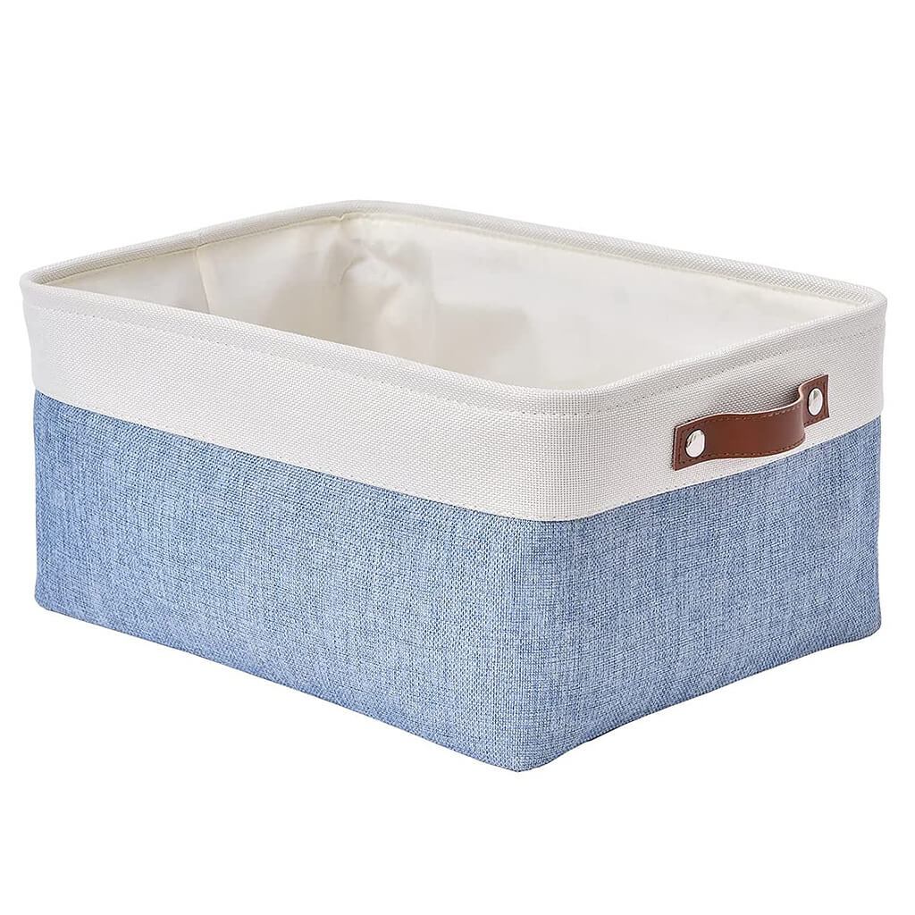 Blue White Canvas Storage Basket with Leather Handle - Image 9
