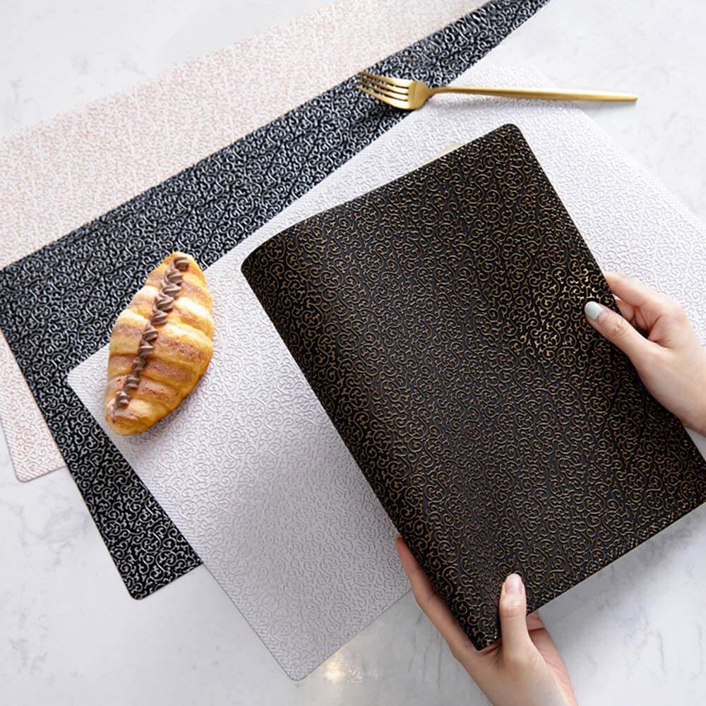 Set of 4 Embossed Pattern Leather Table Place Mats Washable Heat Resistant Non-Slip Dinner Placemats for Tables Decor (Black Gold,4 Pack) - Image 4