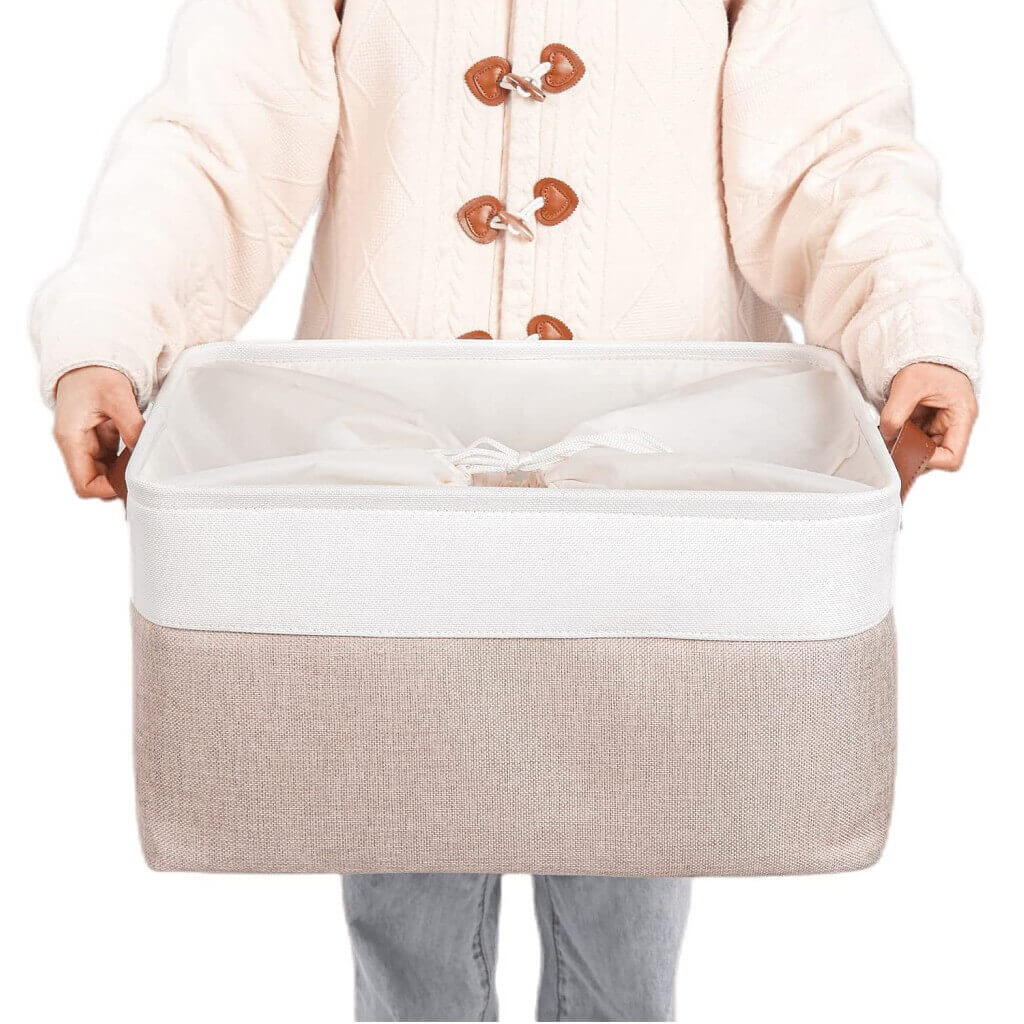 White Khaki Storage Basket with Leather Handles - Image 17