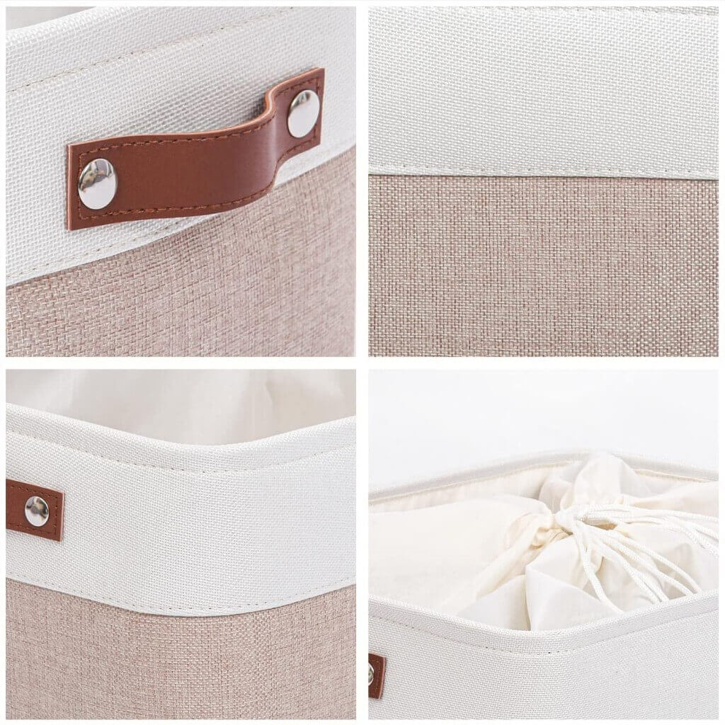 White Khaki Storage Basket with Leather Handles - Image 19