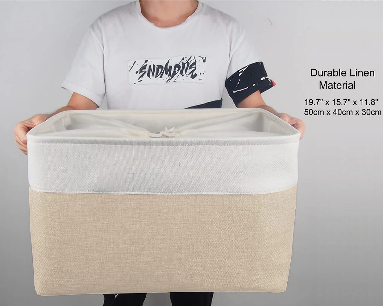 White Khaki Storage Basket with Leather Handles - Image 21