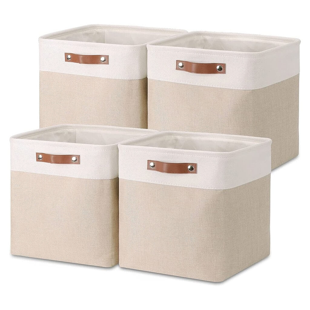 White Khaki Storage Basket with Leather Handles - Image 22