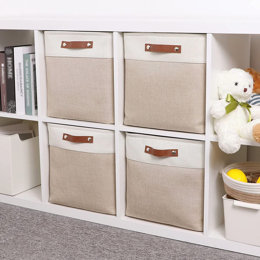 White Khaki Storage Basket with Leather Handles - Image 23