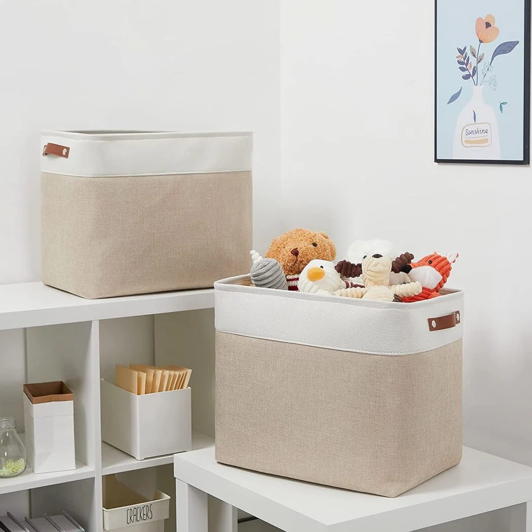 White Khaki Storage Basket with Leather Handles - Image 3