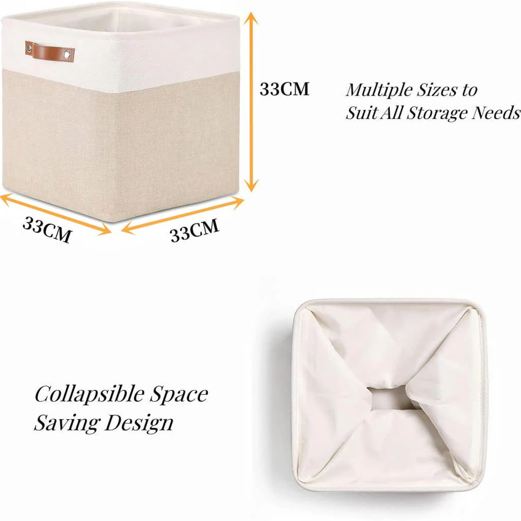 White Khaki Storage Basket with Leather Handles - Image 4