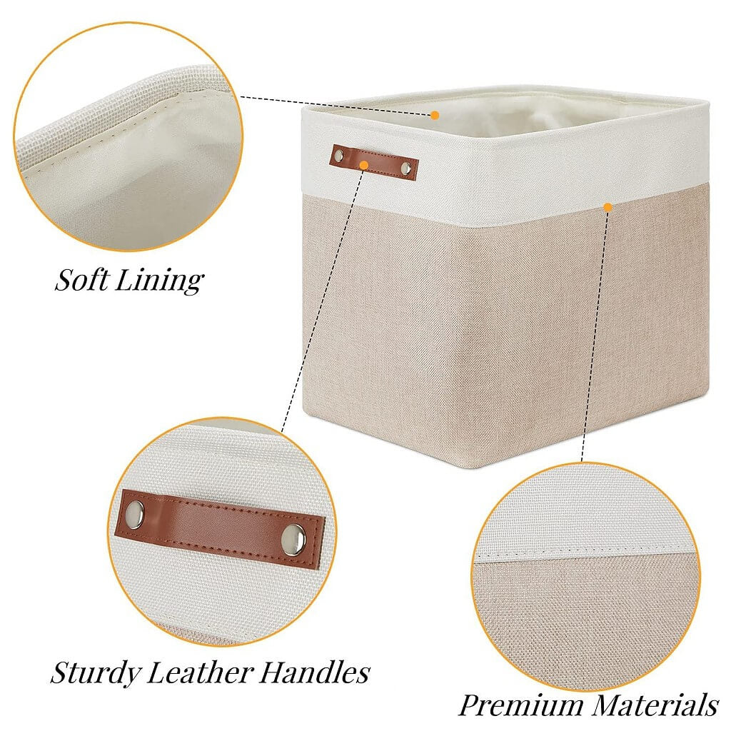 White Khaki Storage Basket with Leather Handles - Image 40