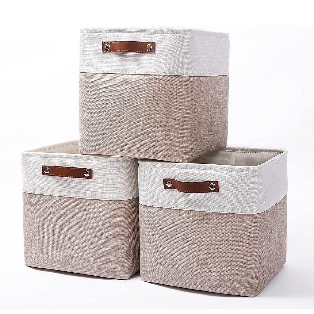 White Khaki Storage Basket with Leather Handles - Image 43