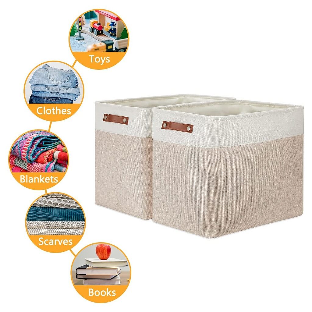 White Khaki Storage Basket with Leather Handles - Image 49